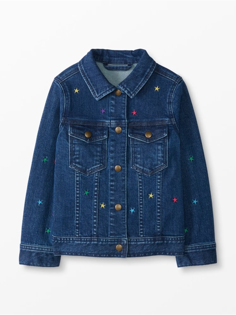 Hanna Andersson Dark Blue Denim Jacket with Multicolor Star Embroidery
